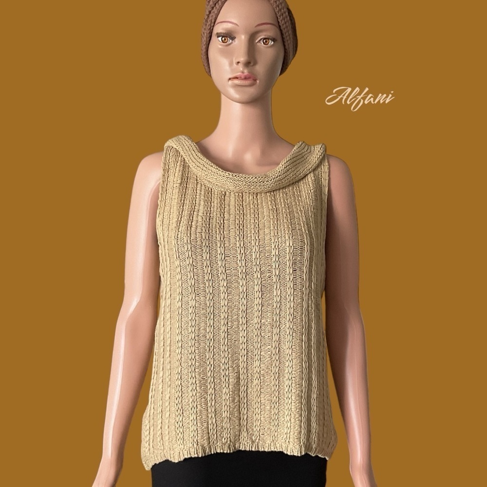 ALFANI Women Tan Turtleneck‎ Sleeveless Knit Sweater Top Crochet Size Lg